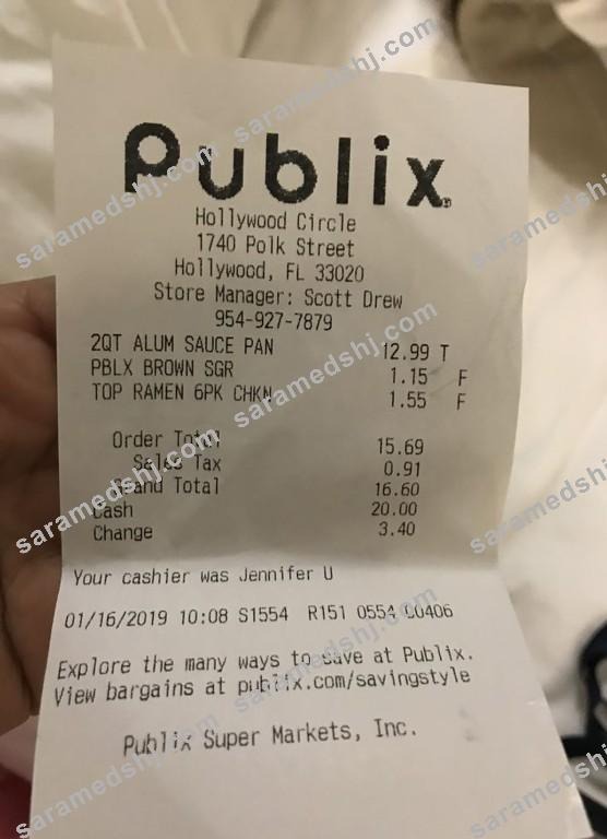 USA Publix supermarket payment receipt